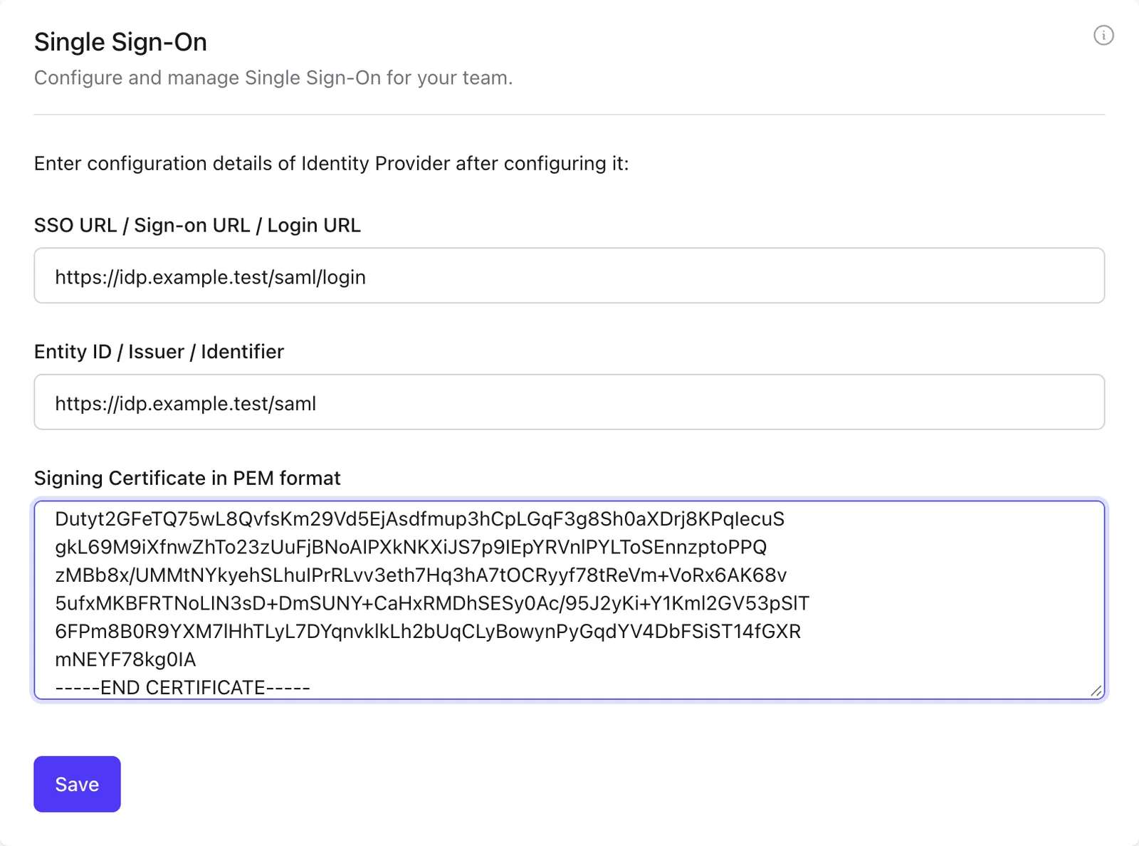 Plausible SSO form for the identity provider's sign-on URL, Entity ID and PEM signing certificate